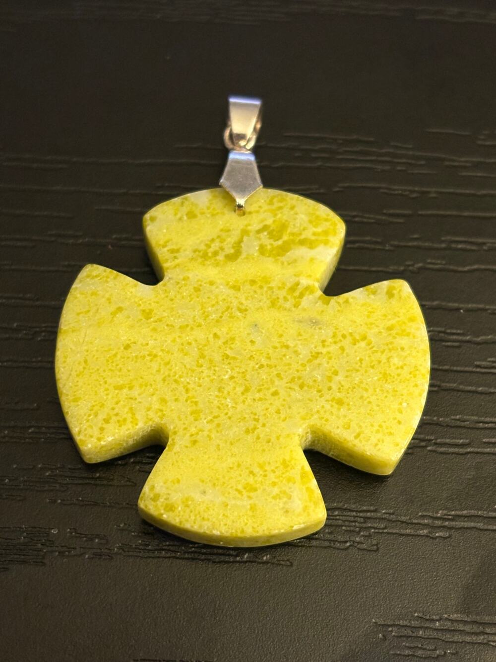 Vintage NOS Yellow Green Stone Cross Pendant Silver Tone
